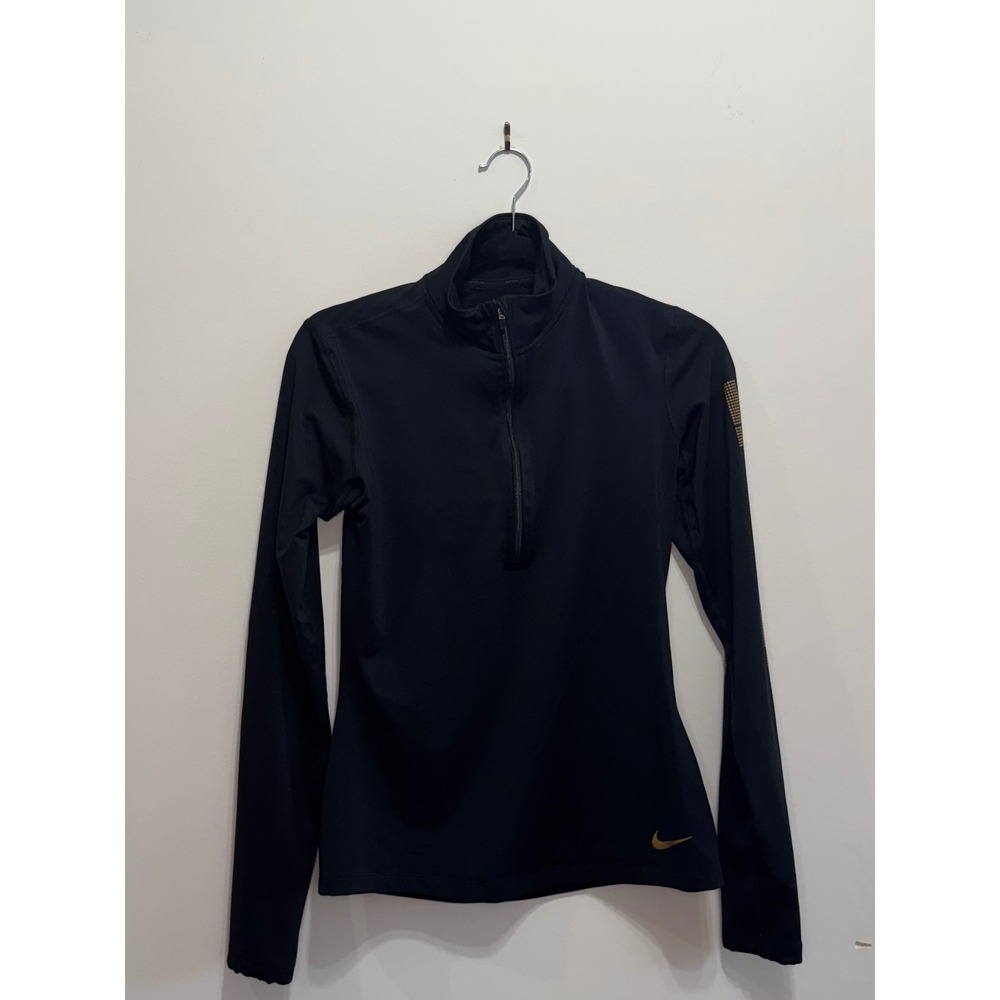 Nike Womens Dri-FIT Quarter Zip Running Top Black Gold Just Do It Pullover M